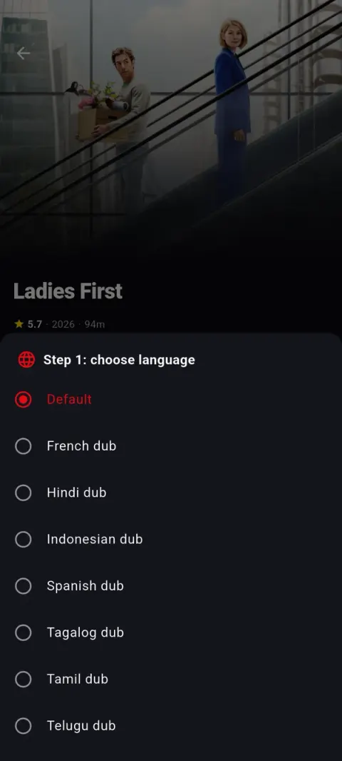 NetMirror Android — Pick the audio when you download: Downloading a title? Step 1 lets you choose the dub — Hindi, Tamil, Telugu, Spanish and more.