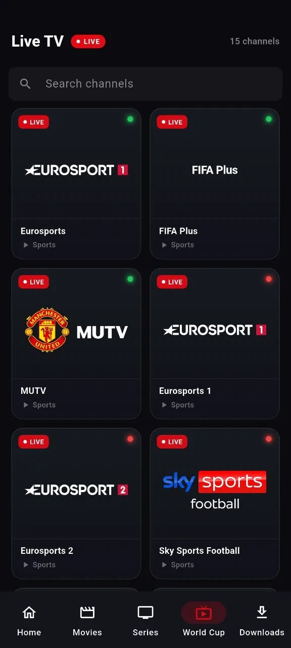 NetMirror Android — Live TV & sports: A Live TV tab with sports and news channels — Eurosport, Sky Sports, FIFA+, MUTV and more, searchable and streaming live.