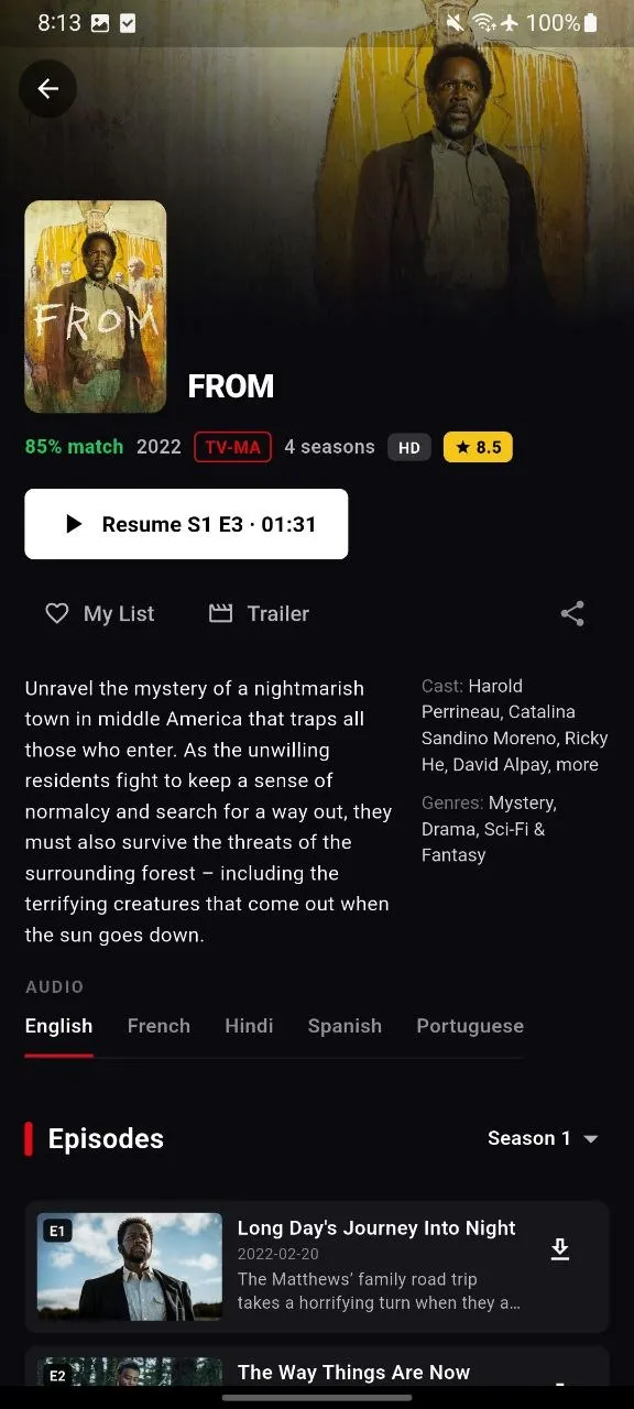 NetMirror Android — Every title’s own page: Match score, rating, cast and plot with Resume/Play and + My List — plus an Audio row showing every dub (English, Hindi, Spanish and more) and the full episode list.