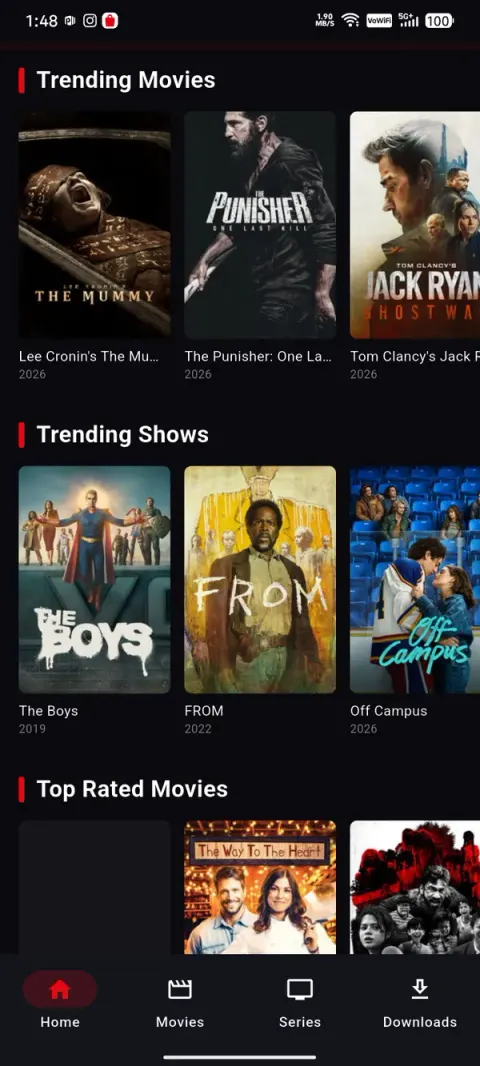 NetMirror Android — Movies in rows: Trending, Trending Shows and Top Rated as real rails, not one endless grid.