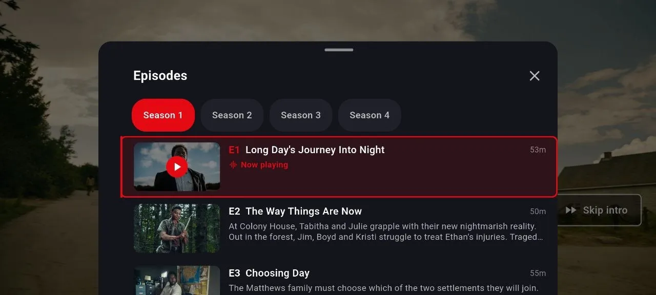 NetMirror video player — Episodes, without leaving: Open the episode list right from the player — a season picker with the one you’re on marked “Now playing,” plus a Skip intro button.