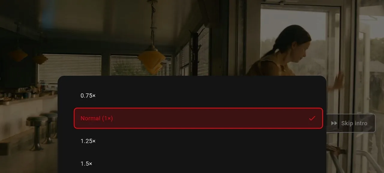 NetMirror video player — Playback speed: From 0.75× up to 1.5× and beyond, or back to Normal (1×) any time.