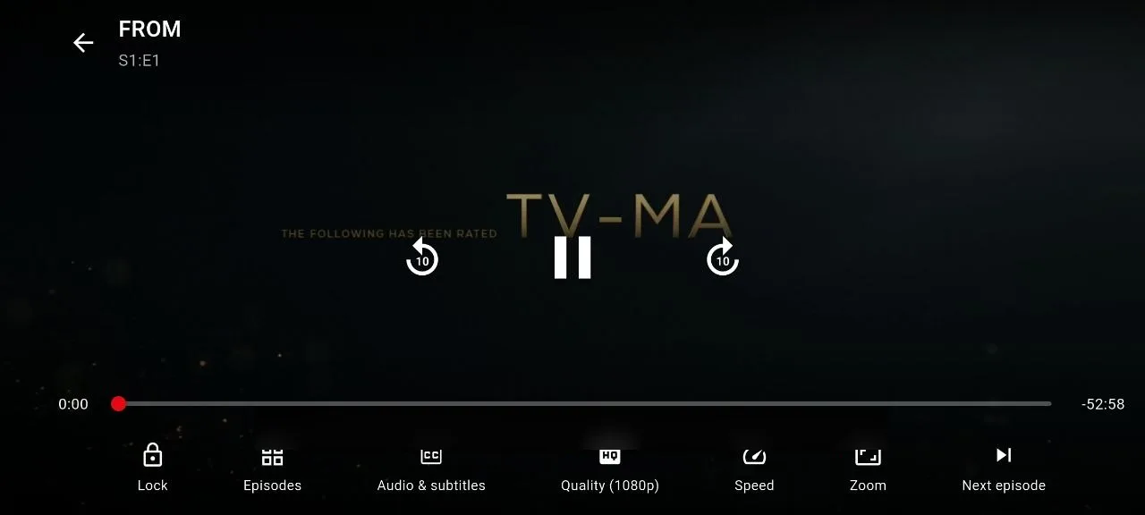 NetMirror video player — A clean, full-screen player: Tap once for the controls — a scrubber, a 10-second skip either way, and a bar for Episodes, Audio & subtitles, Quality, Speed, Zoom and Next episode. No pop-ups over the video.