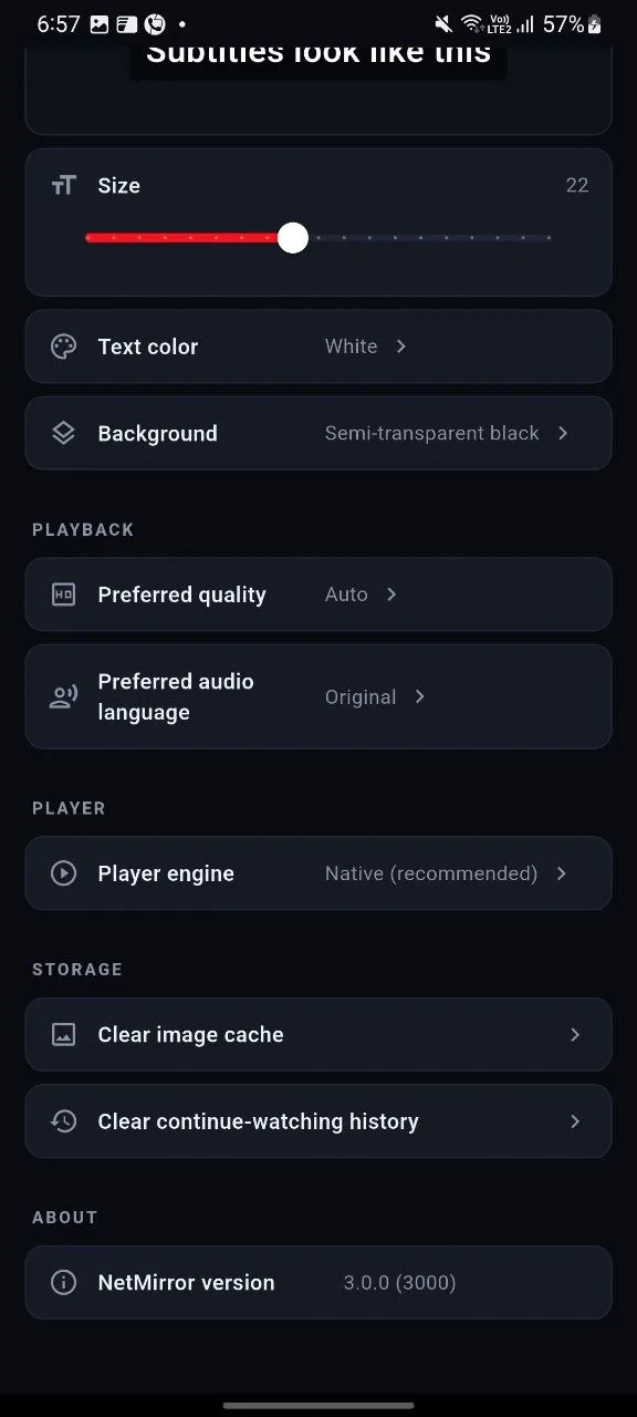 NetMirror Android — Settings, in your control: Style subtitles (size, colour, background), set preferred quality and audio, pick the player engine, and clear cache or history.