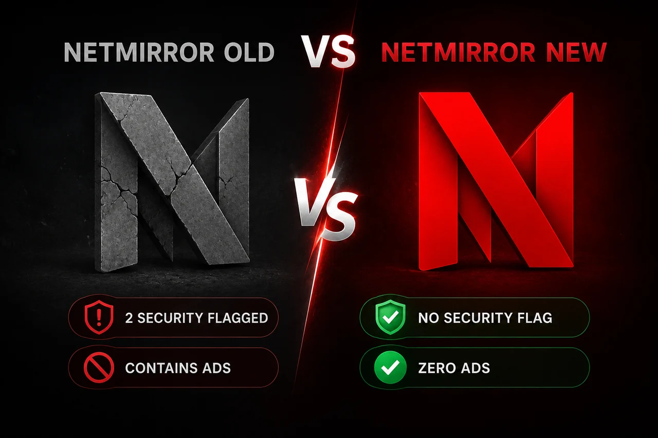 NetMirror Old vs New comparison: the old build was flagged by 2 security vendors and contained ads, the new build has no security flags and zero in-player ads