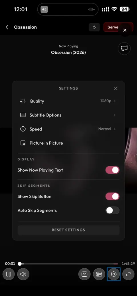 NetMirror iOS — Player controls: Quality, speed, Picture-in-Picture and skip-segment toggles.