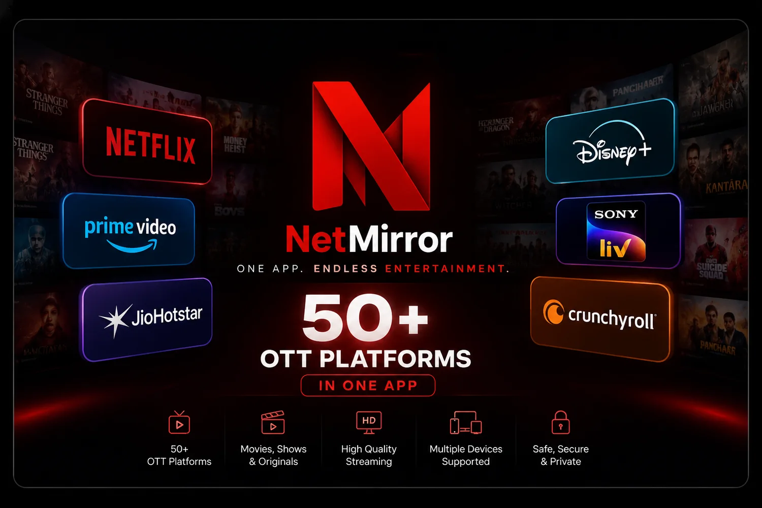 NetMirror — 50+ OTT platforms in one app: Netflix, Amazon Prime Video, Disney+, JioHotstar, SonyLIV, Crunchyroll and more, with HD streaming on multiple devices