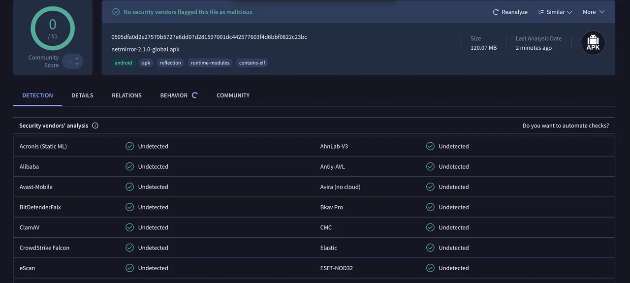 VirusTotal scan of the NetMirror v2.1.0 Android APK — 0 of 51 security vendors flagged it, verified clean and safe to install