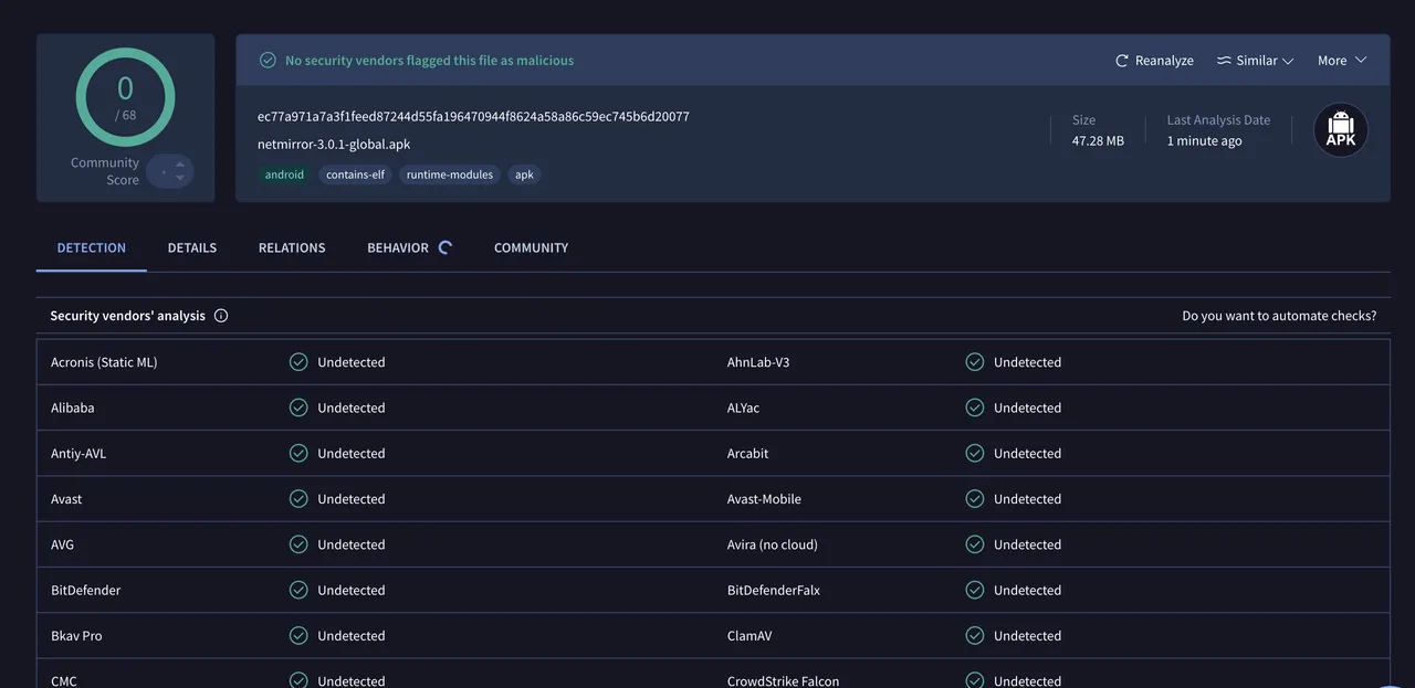 VirusTotal scan of the NetMirror v3.0.1 Android APK — 0 of 68 security vendors flagged it, verified clean and safe to install