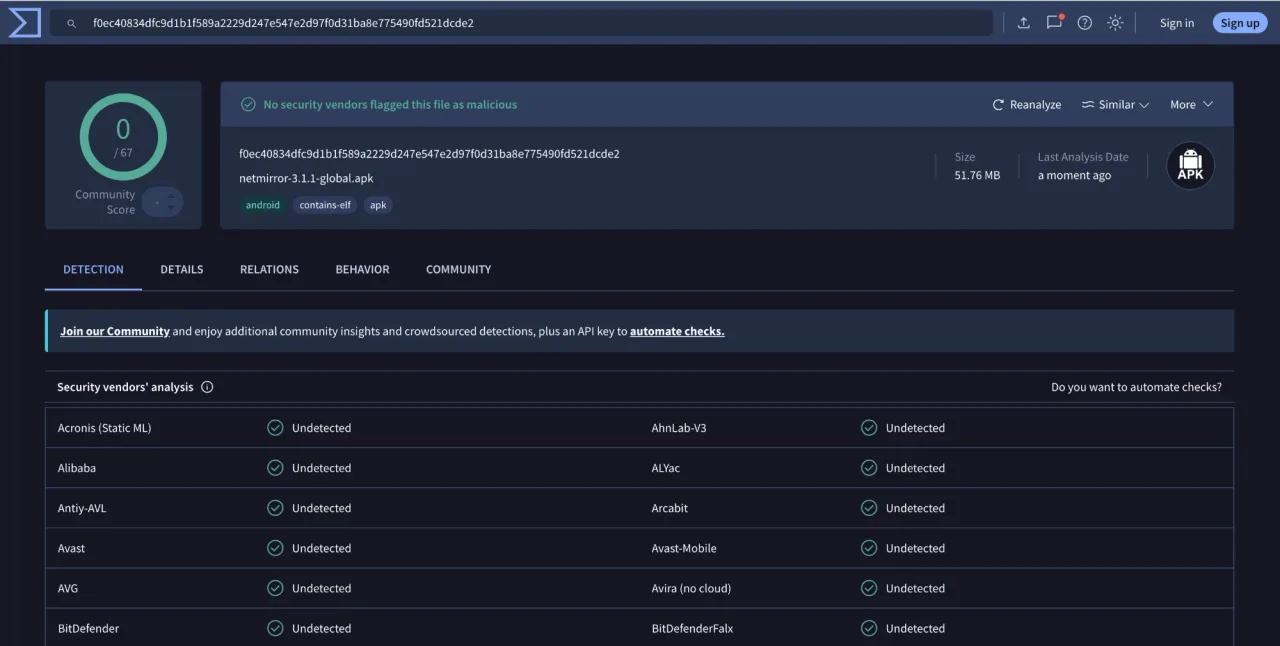 VirusTotal scan of the NetMirror v3.1.1 Android APK — 0 of 67 security vendors flagged it, verified clean and safe to install