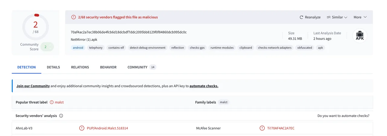 VirusTotal: old NetMirror build, 2 of 68 vendors flagged it