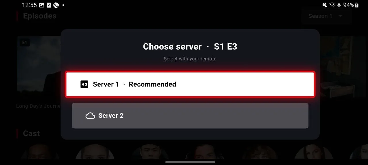NetMirror TV — Pick a server: Hit Play and choose your source — Server 1 (recommended, HD) or Server 2 as a fallback — selected with the remote.