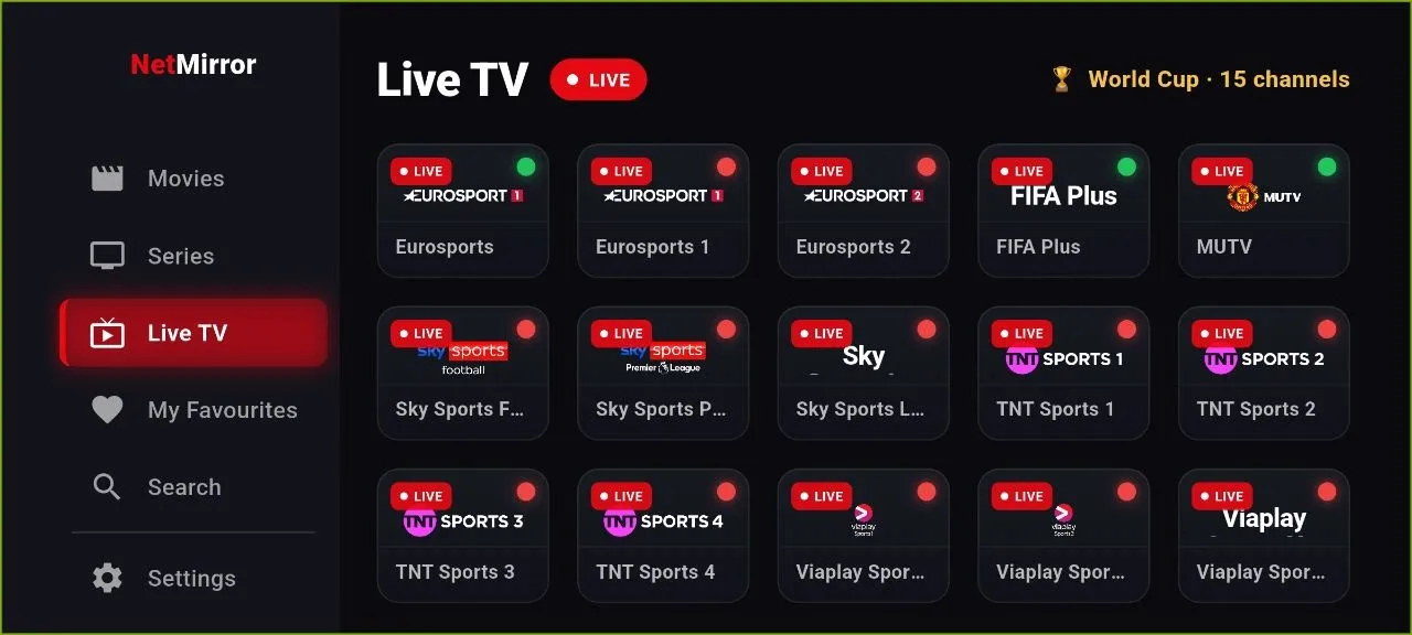 NetMirror TV — Live TV channels: A whole Live TV tab — sports and news channels like Eurosport, Sky Sports, TNT Sports and FIFA+ laid out as big tiles you open with one click.