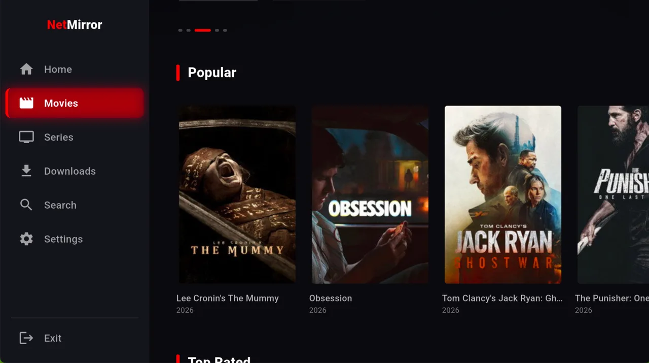 NetMirror TV — Movies: Popular, Top Rated and more rows — scroll left/right with the arrow keys, no fiddly pointer needed.