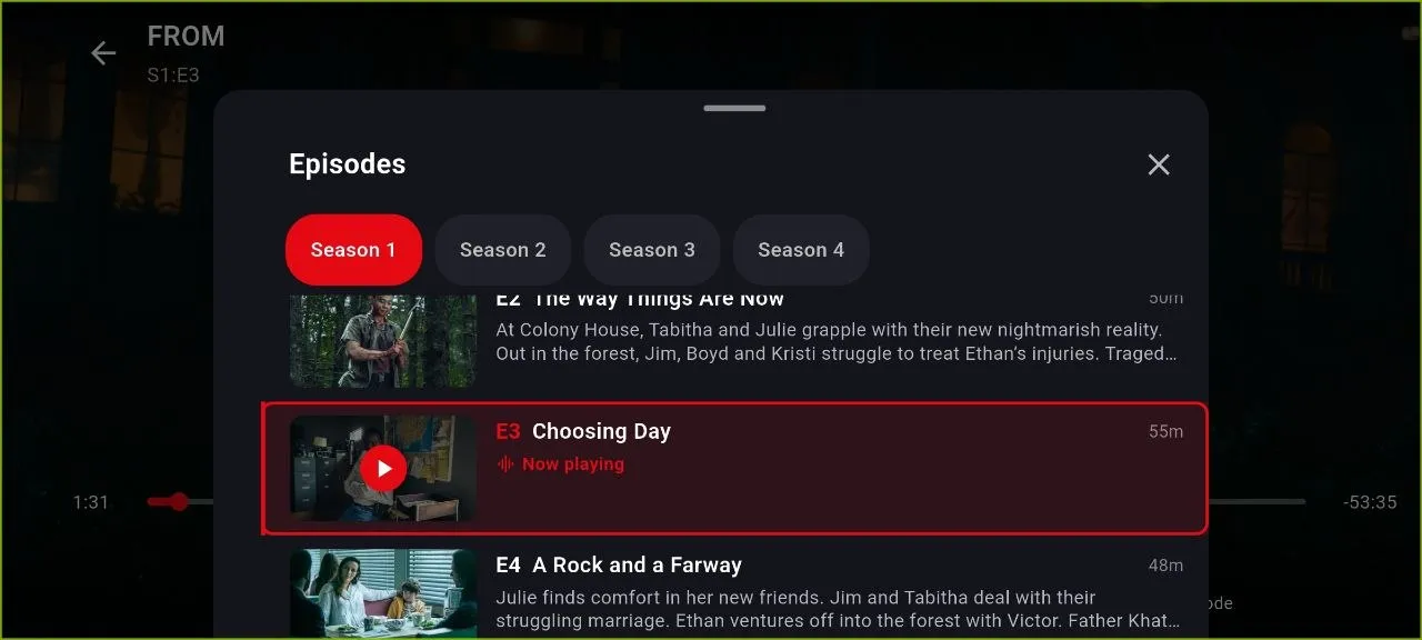 NetMirror TV — Switch episodes from the player: Open Episodes without leaving the video — a season picker and the full episode list, with the one you’re on marked “Now playing.”