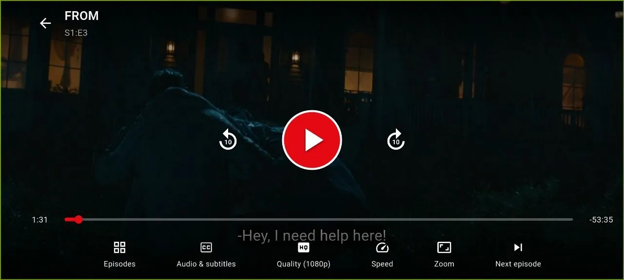 NetMirror TV — A big-screen player: Clean full-screen playback with a 10-second skip either way and a scrubber, plus a control bar for Episodes, Audio & subtitles, Quality, Speed, Zoom and Next episode.