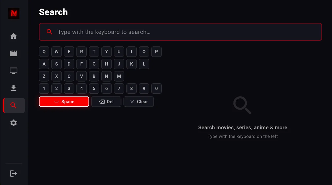 NetMirror TV — Search: An on-screen keyboard you drive with the remote, with Space, Del and Clear keys right there.
