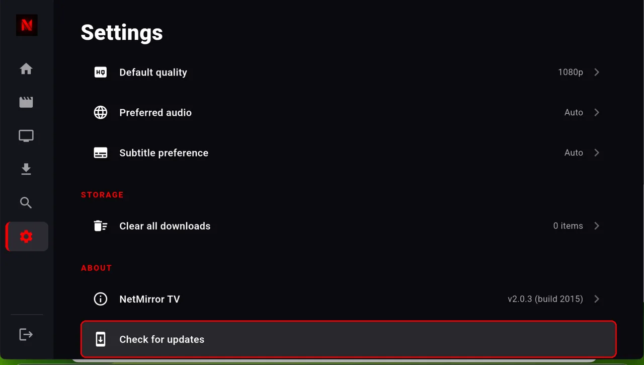 NetMirror TV — Settings & updates: Data Saver, default quality, preferred audio and subtitle prefs — plus a built-in “Check for updates” so you’re always on the latest build.