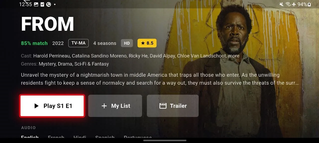 NetMirror TV — Every title’s own page: Match score, rating, seasons, cast and plot with Play, + My List and Trailer buttons — plus an Audio row that shows every dub (English, French, Hindi, Spanish, Portuguese and more) before you start.