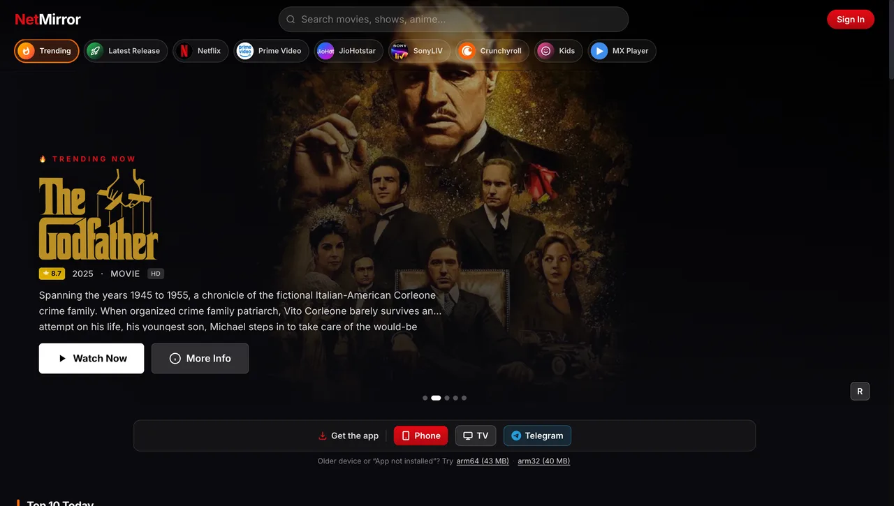 NetMirror Web — Big-screen home: OTT tabs for Netflix, Prime, JioHotstar, SonyLIV, Crunchyroll and more.