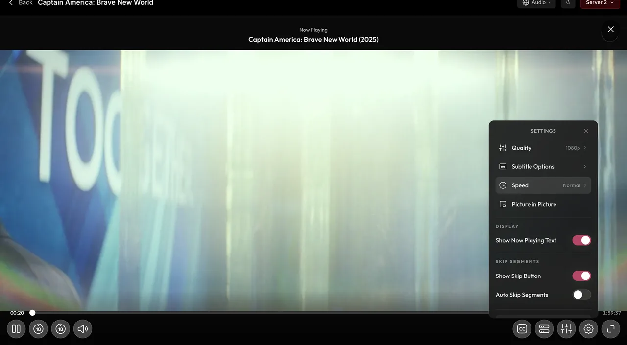 NetMirror Web — Full player controls: 1080p quality, subtitle options, speed and Picture-in-Picture.